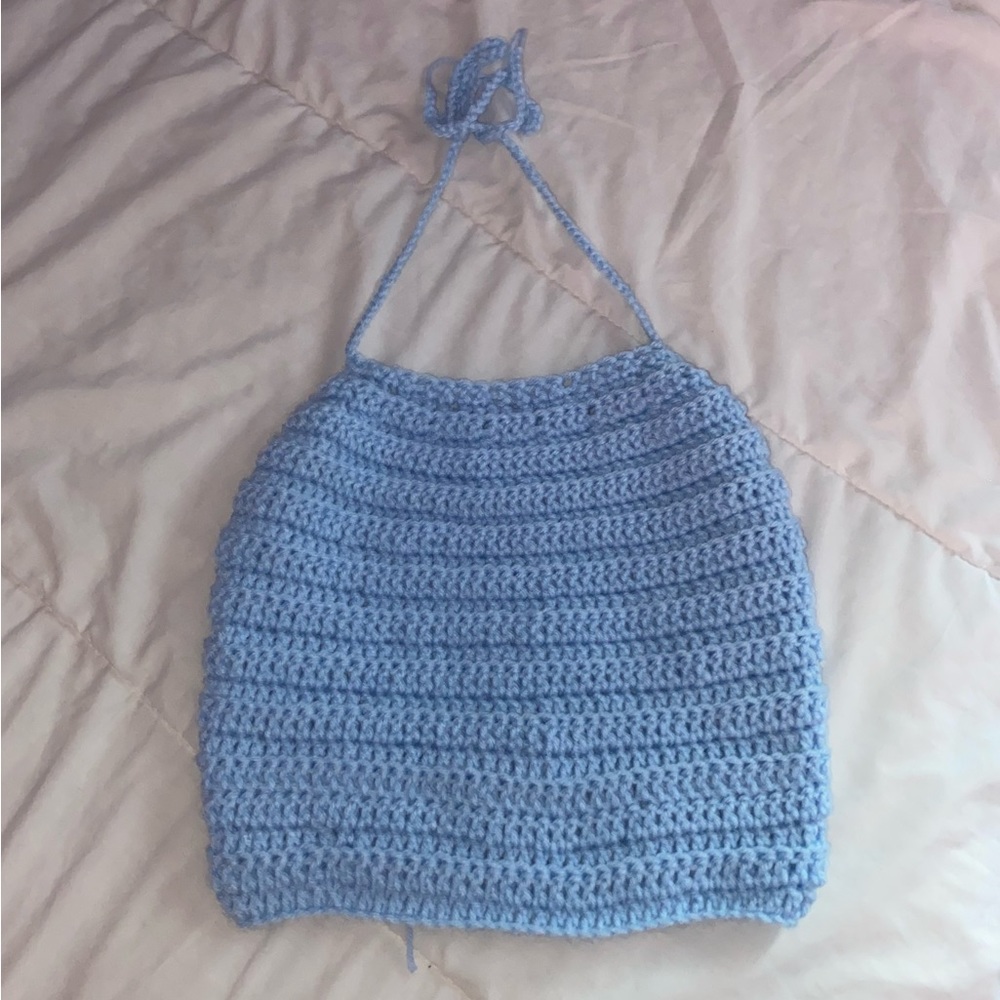 CROCHET BLUE HALTER CROPPED TOP